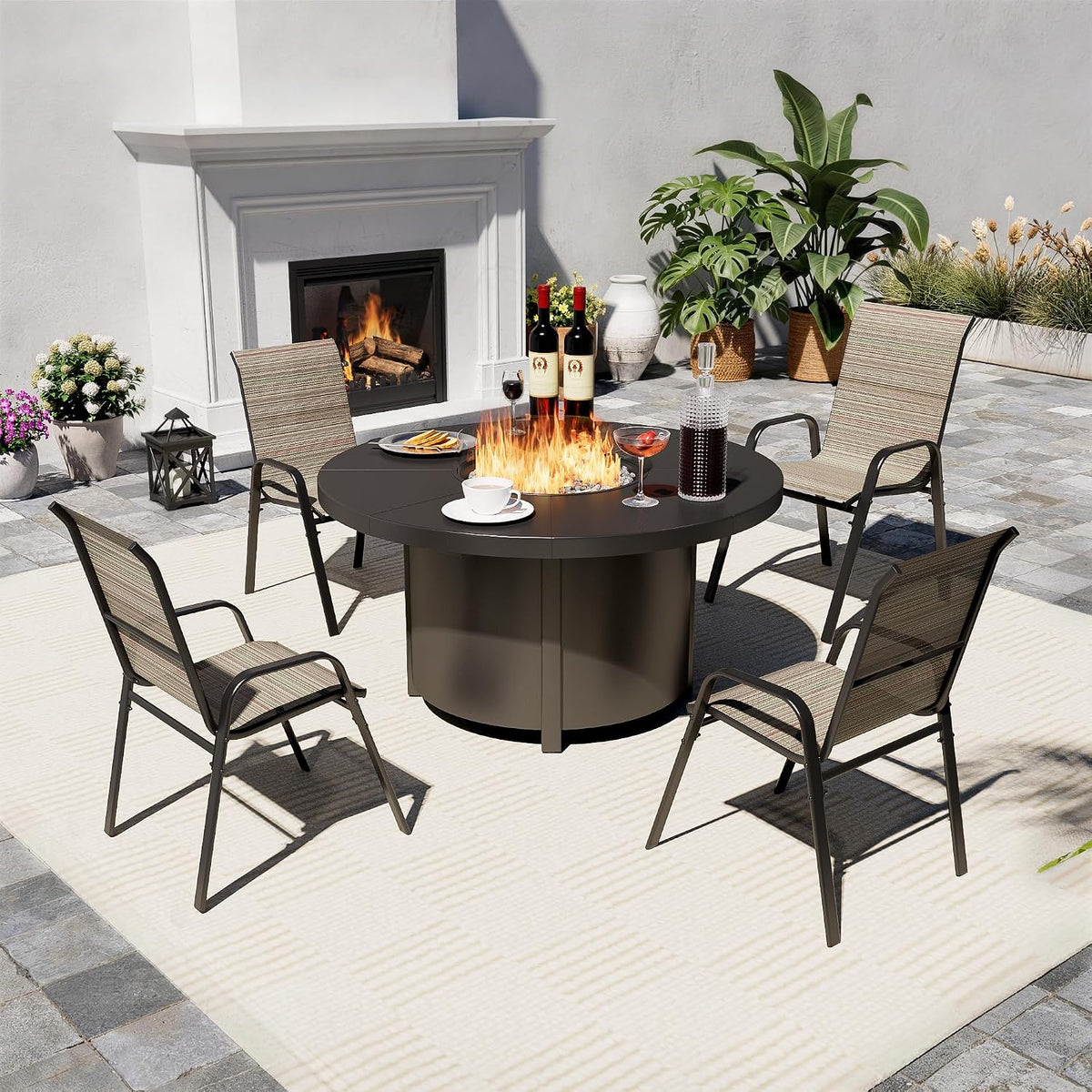 5 Pieces Patio Furniture Set with 48' CSA Approved/55000 BTU Outdoor Round Gas Fire Pit Table,Outdoor Conversation Set with 4 Stackable Patio Dining Chairs for Outdoor,Patio,Backyard