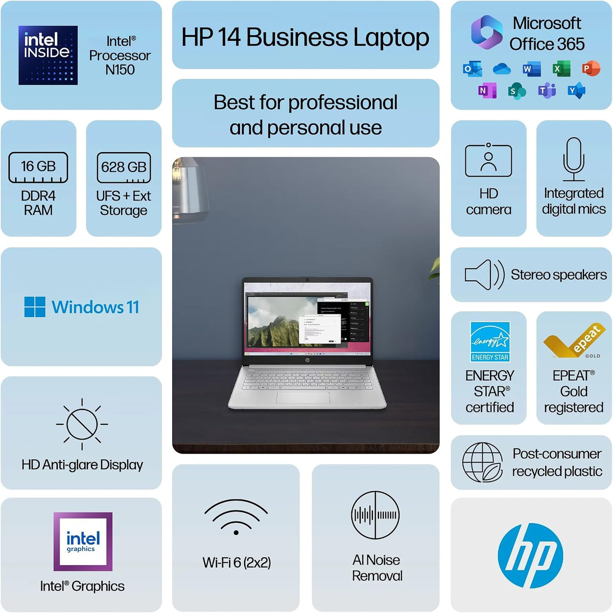 HP 14 Laptop Student Business 2025 Flagship Computer, AI Copilot, 4-Core 13th Gen Intel CPU, 16GB RAM 628GB Storage (128GB UFS+500GB Ext), 1-Yr Office 365, Long Battery HubxcelAccessory Win 11S Silver