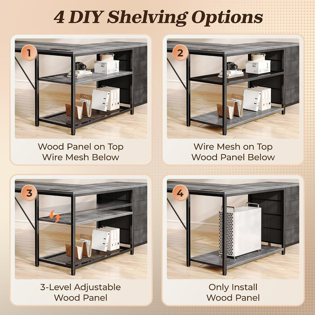 PRAISUN 53' L Shaped Desk with Power Outlets and USB-C Port, Reversible Computer Corner Office Desk with 4 Fabric Drawers and 2 Height-Adjustable Shelves, Large for Gaming Writing Work Study, Grey