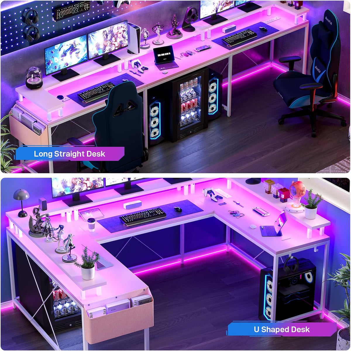 Jojoka U Shaped Computer Gaming Desk, Reversible L Shaped Desk with Power Outlets, LED Strip & Monitor Stand, Large Corner Desk with Storage Shelves for Home Office,Deep Pink