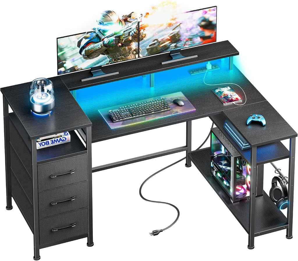 Korfile 47 Inch L Shaped Gaming Desk with Power Outlets and LED Lights, Reversible Computer Desk with File Drawers & Monitor Stand, Corner Gamer Desk Table for Home Office with Storage Shelves, Black
