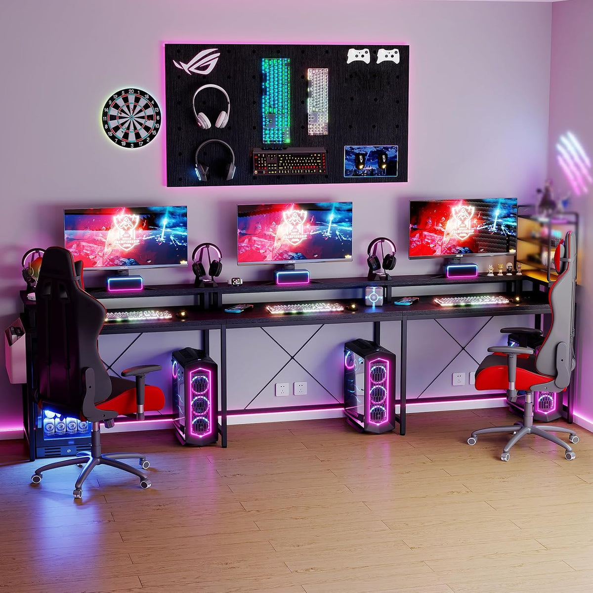 IDEALHOUSE U Shaped Home Office Desk, Reversible L Shaped Gaming Computer Desk with Power Outlets,126 Inch Computer Desk with Monitor Stand and LED Lights,Storage Shelves,Storage Bag and Hooks（Black）