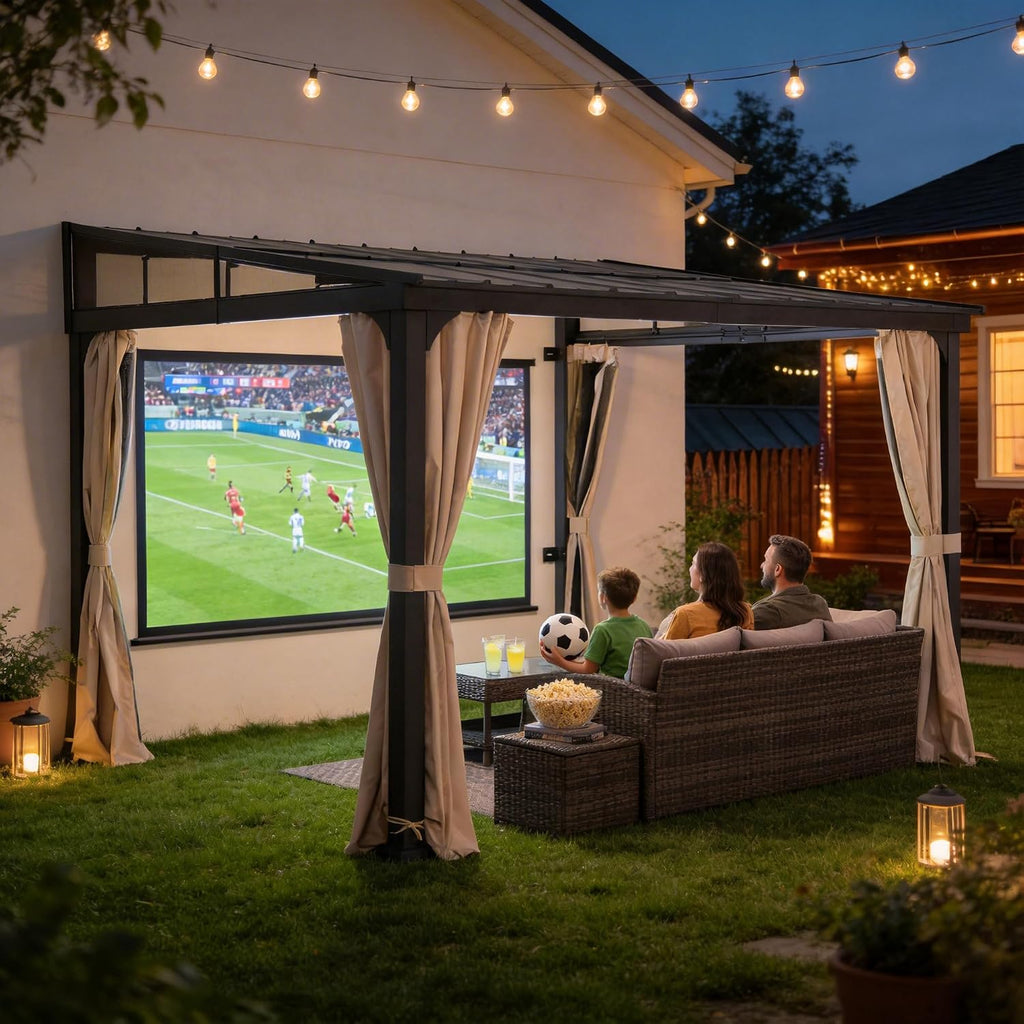 Sunjoy 12 x 14 ft Wall Mounted Gazebo with Powder Coated Steel Roof, Black Aluminum & Metal Frame Lean to Gazebo with Curtains and Netting