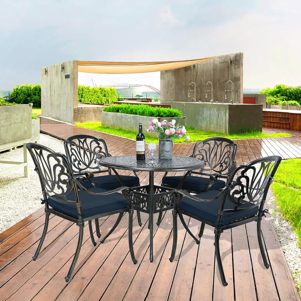 VIVIJASON 5-Piece Outdoor Patio Dining Set, All-Weather Cast Aluminum Conversation Set, Patio Furniture Set Include 4 Cushioned Chairs, a 35.4 inch Round Table w/Umbrella Hole, Navy Blue Cushion