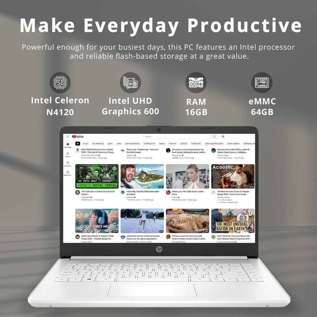 HP Stream 14' HD BrightView Laptop, Intel Celeron N4120 Processor, 16GB RAM, 64GB SSD, Intel UHD Graphics, 720p Webcam, WiFi, HDMI, Win 11 S, White (Renewed)