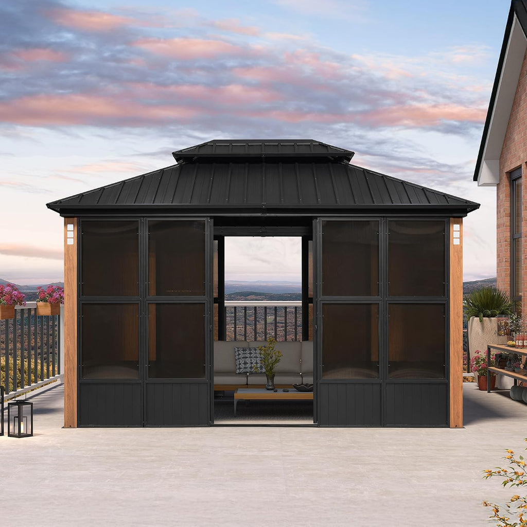 PURPLE LEAF Hardtop Gazebo Sunroom 10' x 13', Enclosed Patio Solarium with Mesh & Removable PC Panels, Magnetic Sliding Doors Outdoor Living Space for Backyard Lounge, Dining & Spa and 24 Solar Lights