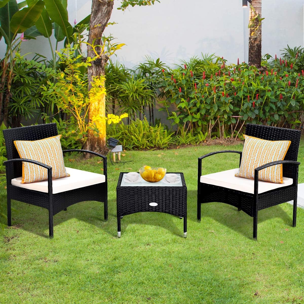 Tangkula 3 PCS Patio Wicker Rattan Furniture Set, Rattan Chair with Coffee Table, High Load Bearing Chair Conversation Sets for Patio Garden Lawn Backyard Pool (Black)