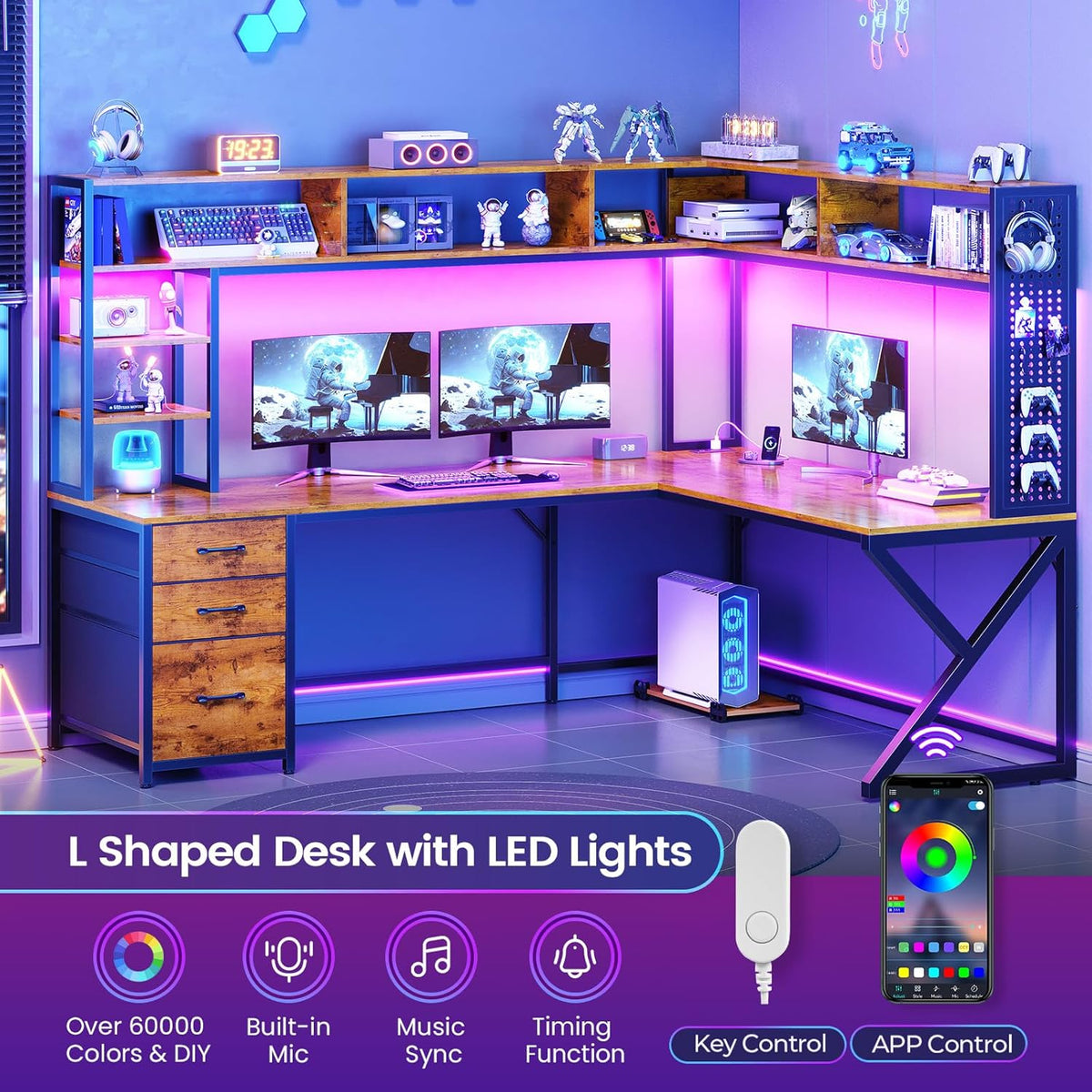 SEDETA L Shaped Desk with Hutch and 3 Drawers, Convertible 94.5' Computer Desk with File Drawer, L Shaped Office Desk with Power Outlet, LED Lights, Storage and Pegboard for Home Office, Brown