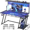 Armocity Gaming Computer Desk with Hutch and LED Lights, 53'' Black Gaming Desk with Storage Shelves, Reversible PC Gamer Desks with Pegboard, Ergonomic Desk for Bedroom, Carbon Fiber Surface