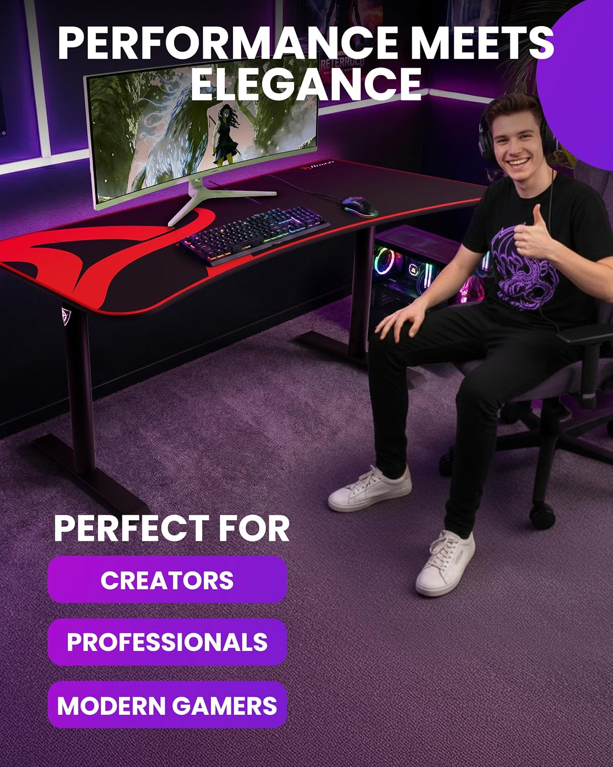 Arozzi Arena Gaming Desk 63' Wide, Ultrawide Curved Gaming and Office Desk, Large Gaming Desk with Custom Monitor Mount & Cable Management Under Desk (Black)
