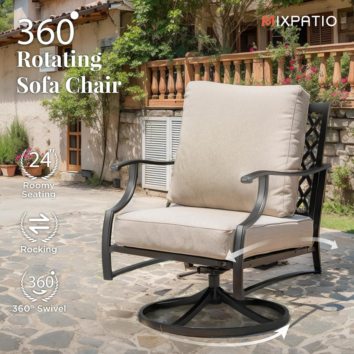 MIXPATIO Patio Furniture Set, 6 Pcs Metal Outdoor Conversation Set, 2 Swivel Chairs, 2 Ottomans and 3 Seater Sofa with 5.75' Extra Thick Cushion and Gas Fire Pit Table, Beige