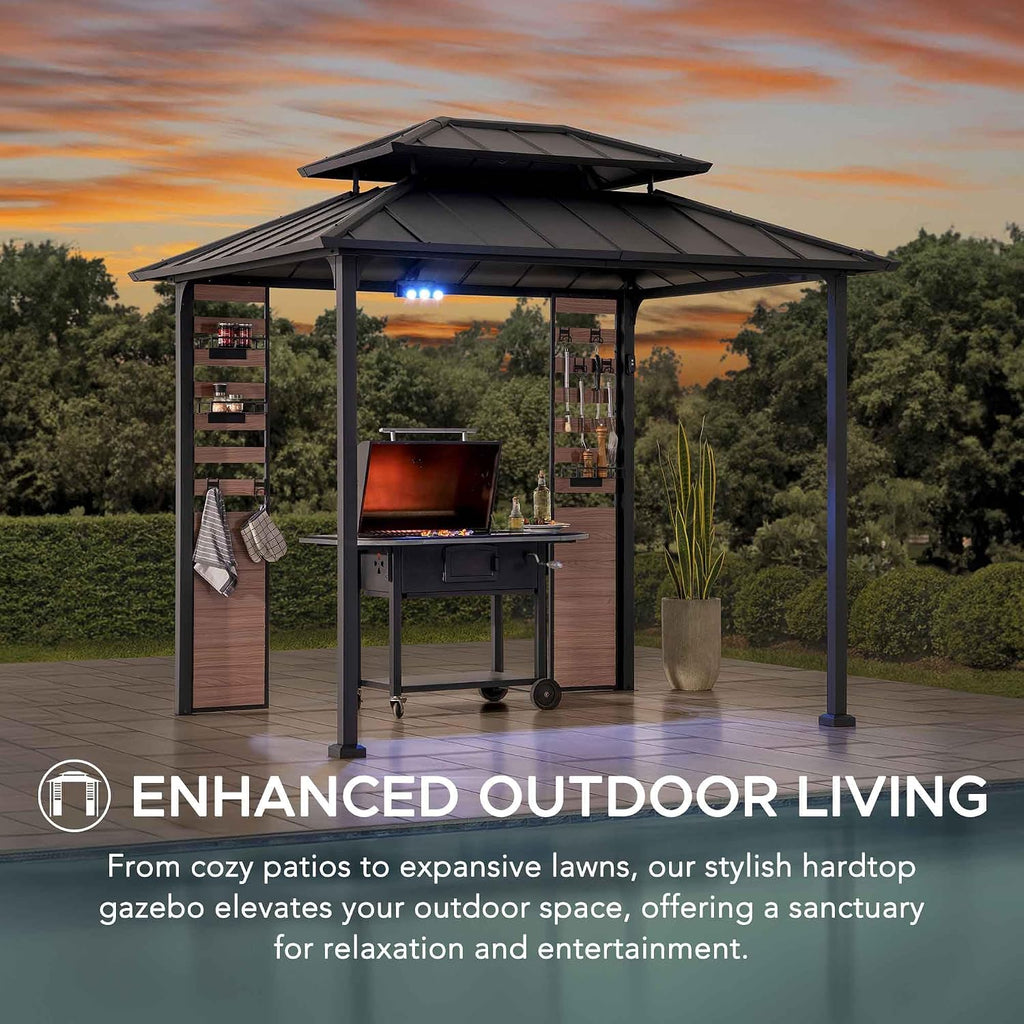Sunjoy 7 x 9 ft. Grill Gazebo, 2-Tier Hardtop Gazebo Pergola with Ceiling Hooks and Storage Shelves, Matte Black