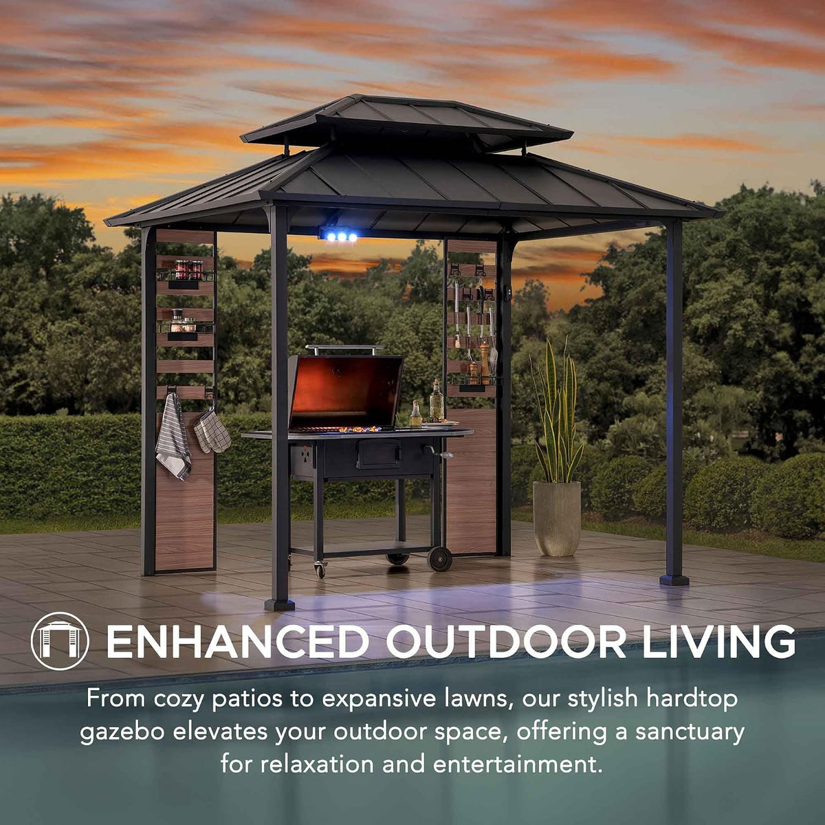 Sunjoy 7 x 9 ft. Grill Gazebo, 2-Tier Hardtop Gazebo Pergola with Ceiling Hooks and Storage Shelves, Matte Black