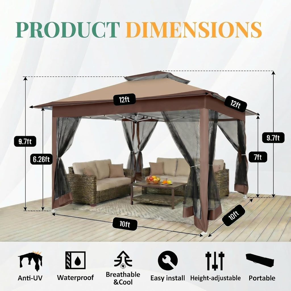 COBIZI 12x12 Pop Up Gazebos On Clearance - Upgrade Easy Up Metal Outdoor Gazebo Waterproof - Portable Gazebo with Mosquito Nettings, 4 Ropes 8 Stakes and Carry Bag for Patio Garden(Coffee)