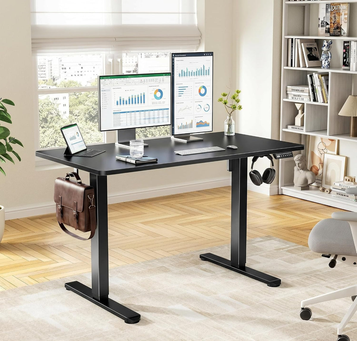 Electric Standing Desk Adjustable Height, 48 x 30 inch Standing Desk with Deeper Tabletop & 4 Memory Presets, One Piece Standing Desk for Home Office & Computer Workstation, Black Wooden,2 Packages