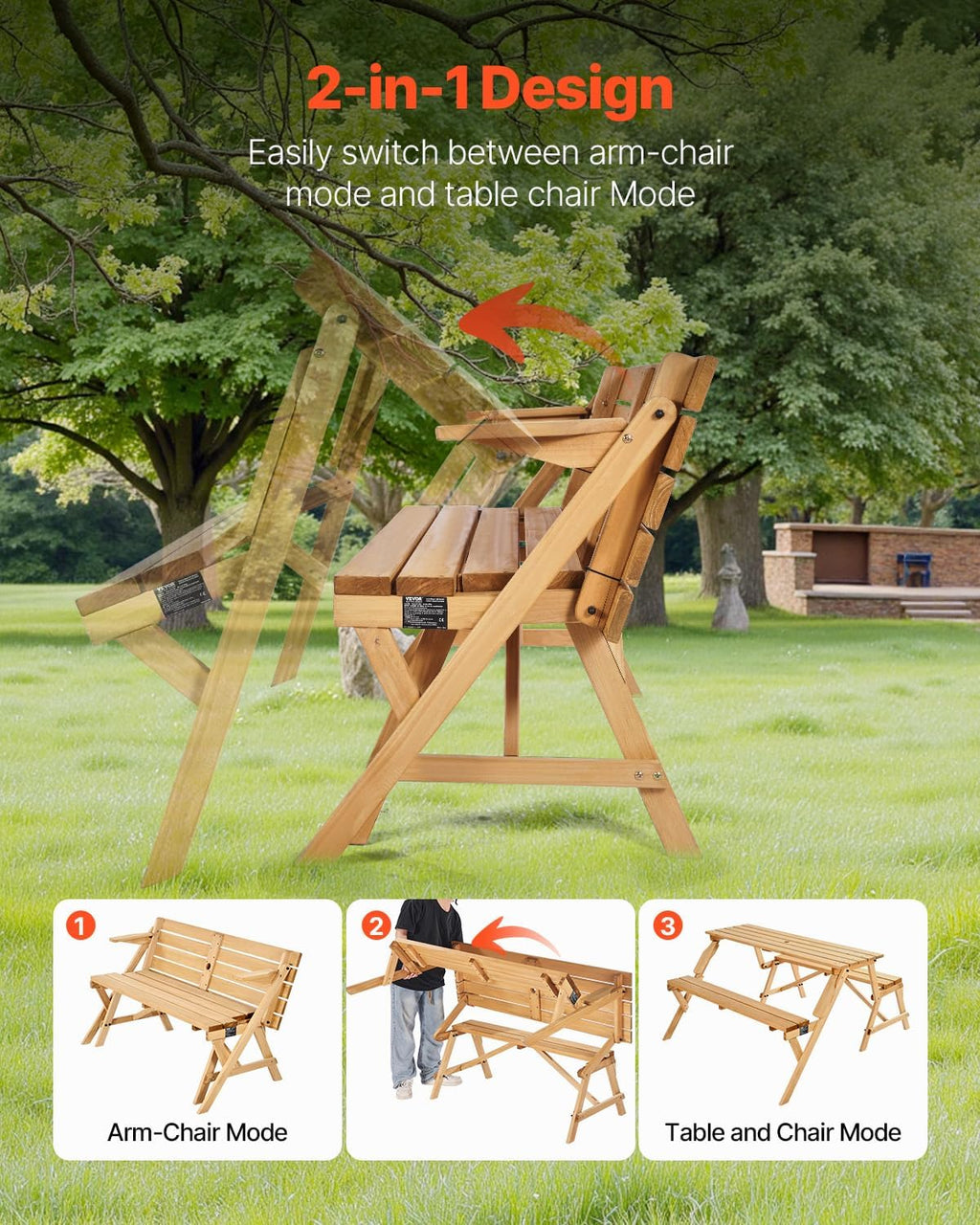 VEVOR 2-in-1 Transforming Interchangeable Picnic Table, Outdoor Wooden Table and Bench Set, Portable Foldable Bench with Umbrella Hole, Patio Dining Furniture for Garden, Backyard, Porch (Brown)