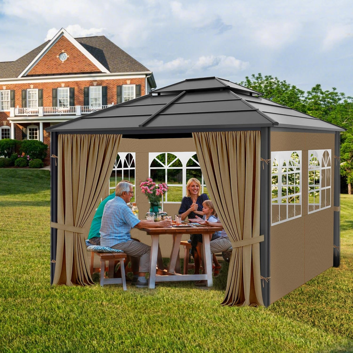 Gazebo Privacy Curtains 10' x 10' with PVC Windows, 4-Panels Side Wall with Zipper Universal Replacement for Patio, Outdoor Canopy, Garden and Backyard