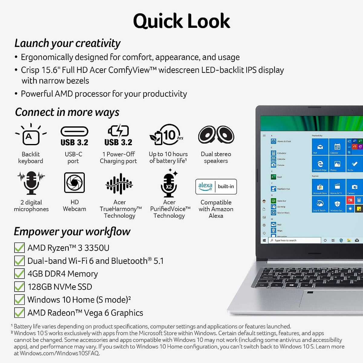 Acer Aspire 5 A515-46-R14K Slim Laptop | 15.6' Full HD IPS | AMD Ryzen 3 3350U Quad-Core Mobile Processor | 4GB DDR4 | 128GB NVMe SSD | WiFi 6 | Backlit KB | Amazon Alexa | Windows 10 Home (S mode)
