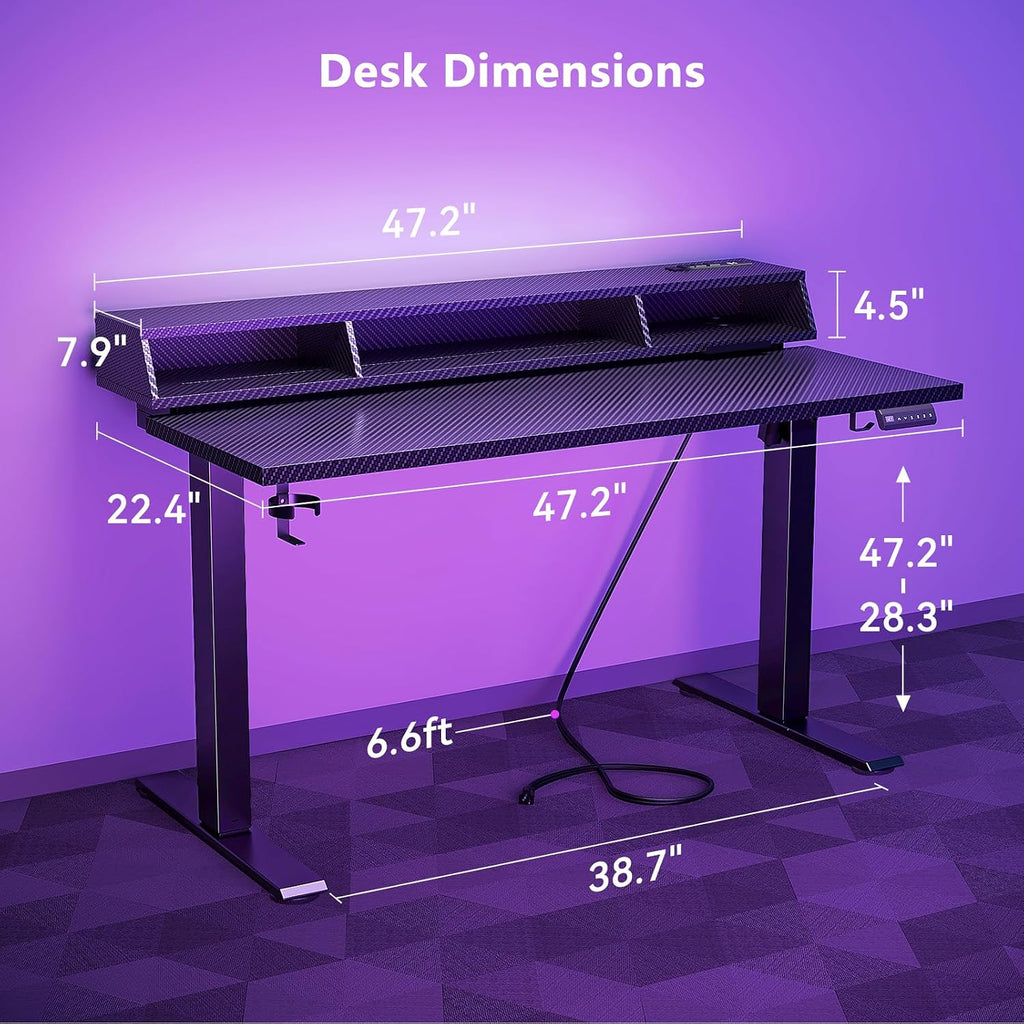 OffiGo Gaming Standing Desk with LED Light, 48 Inch Electric Height Adjustable Table with Power Outlet & Floating Monitor Stand, Sit Stand Computer Workstation for Home, Bedroom, Black