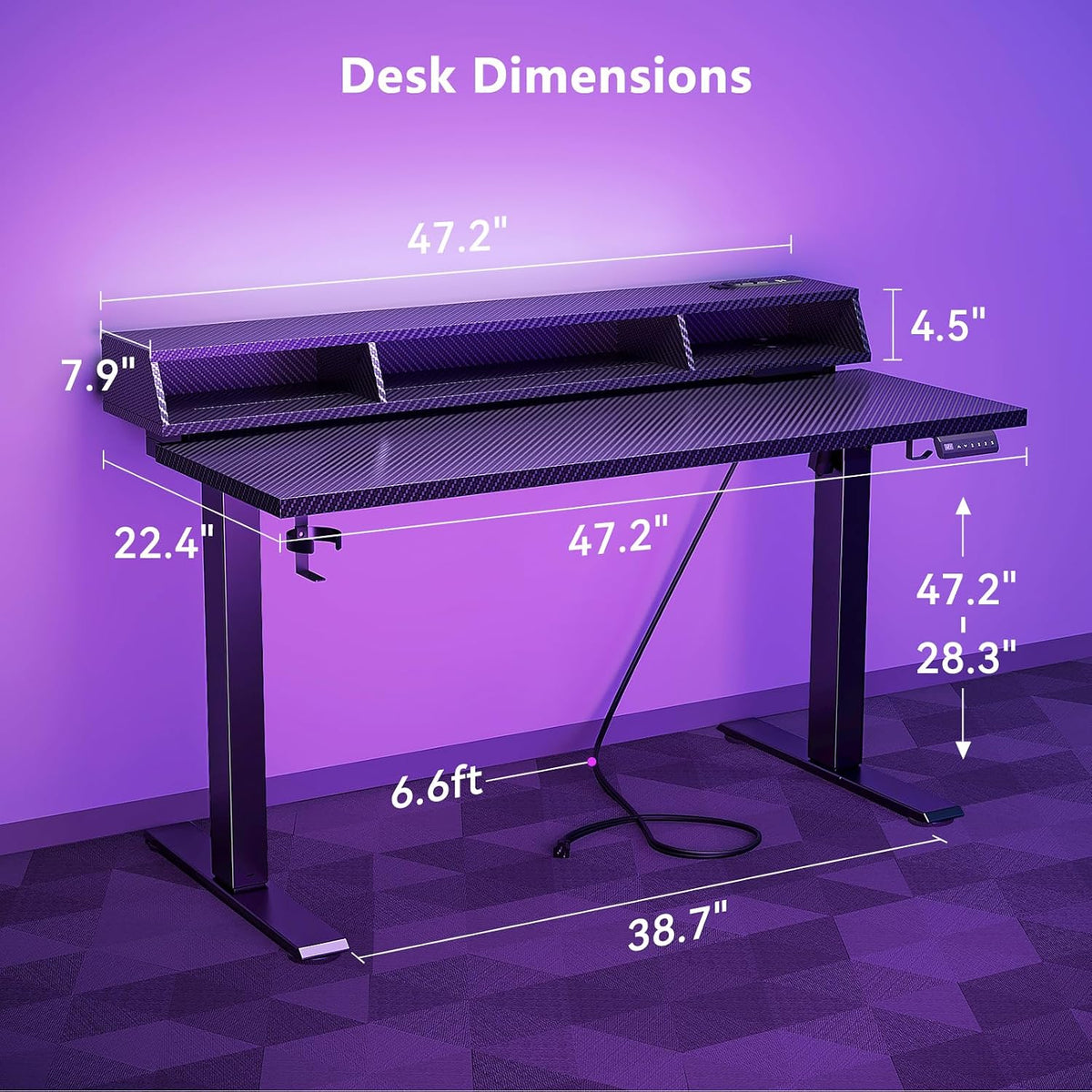 OffiGo Gaming Standing Desk with LED Light, 48 Inch Electric Height Adjustable Table with Power Outlet & Floating Monitor Stand, Sit Stand Computer Workstation for Home, Bedroom, Black