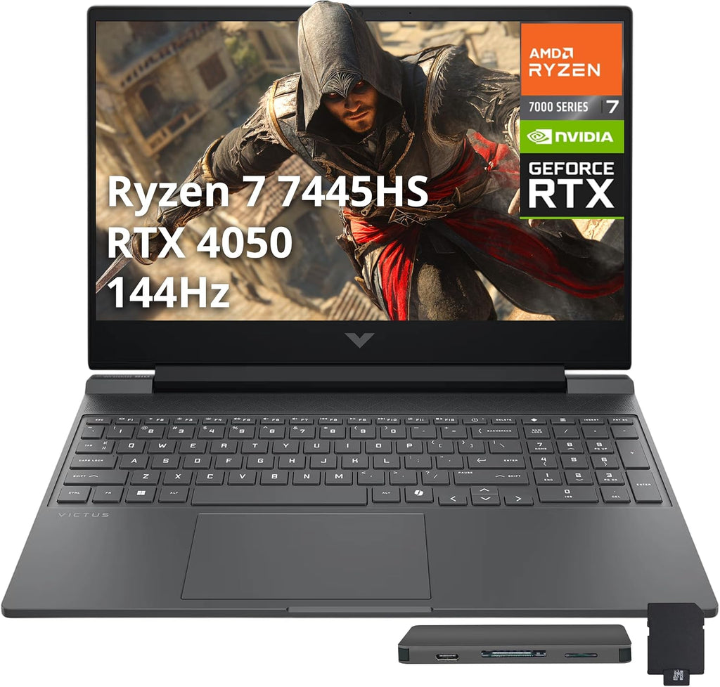 HP Victus 15.6' FHD 144Hz Gaming Laptop, AMD Ryzen 7 7445HS, GeForce RTX 4050 6GB GDDR6, 32GB DDR5, 1TB SSD, Backlit Keyboard, Copilot, Wi-Fi 6, Win 11 Pro, Mica Silver, 1TB Docking Station Set