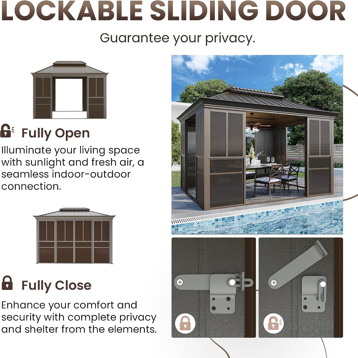 EROMMY 10' X 12' Hardtop Sunroom, Galvanized Steel Double Roof Gazebo Solarium with Detachable Windows & Lockable Doors, All-Weather Sun Room for Patio Deck Backyard