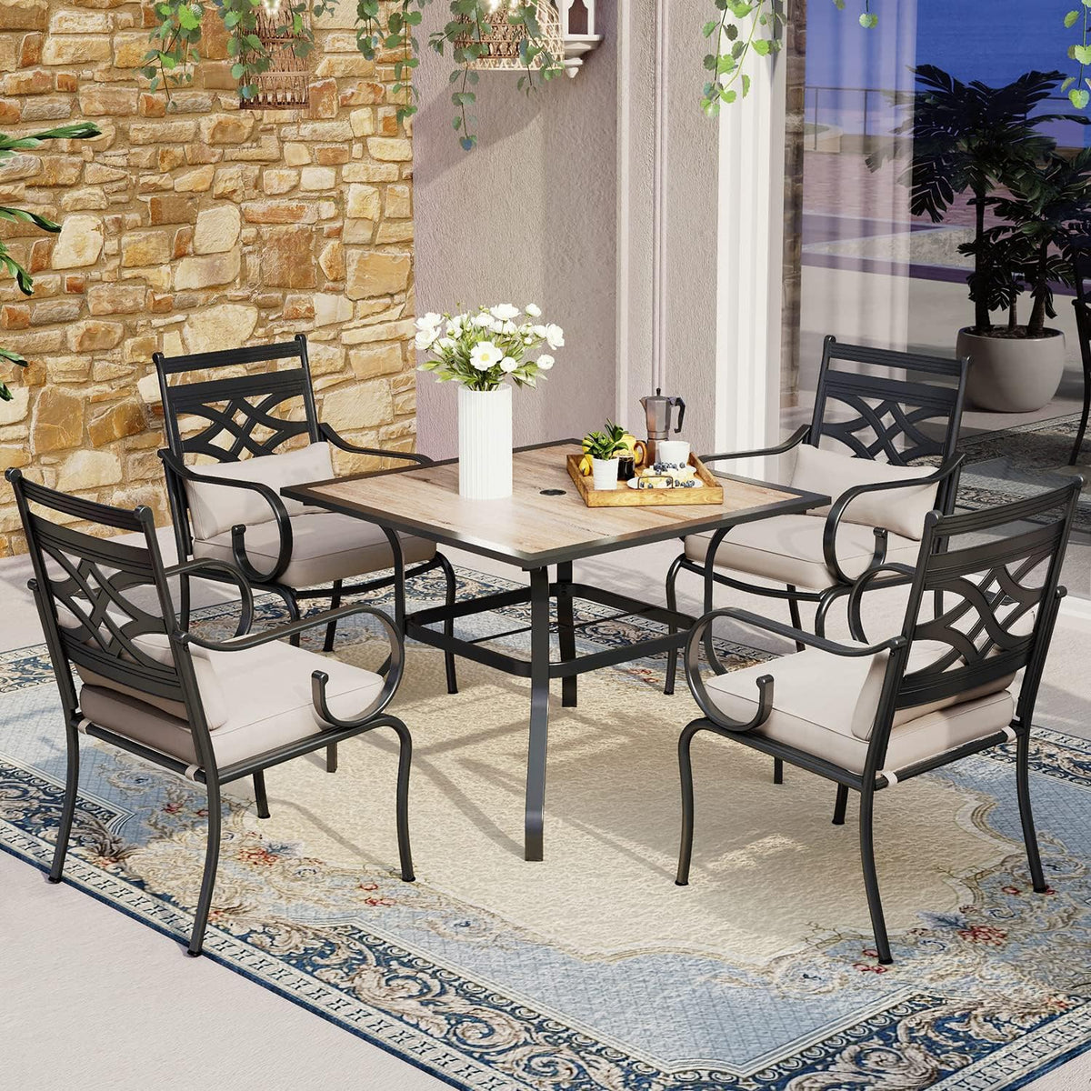 MFSTUDIO Patio Table and Chairs Set of 4, Patio Dining Sets for 4 with Umbrella Hole, Outdoor Dining Set for Deck, Poolside, Backyard, Garden