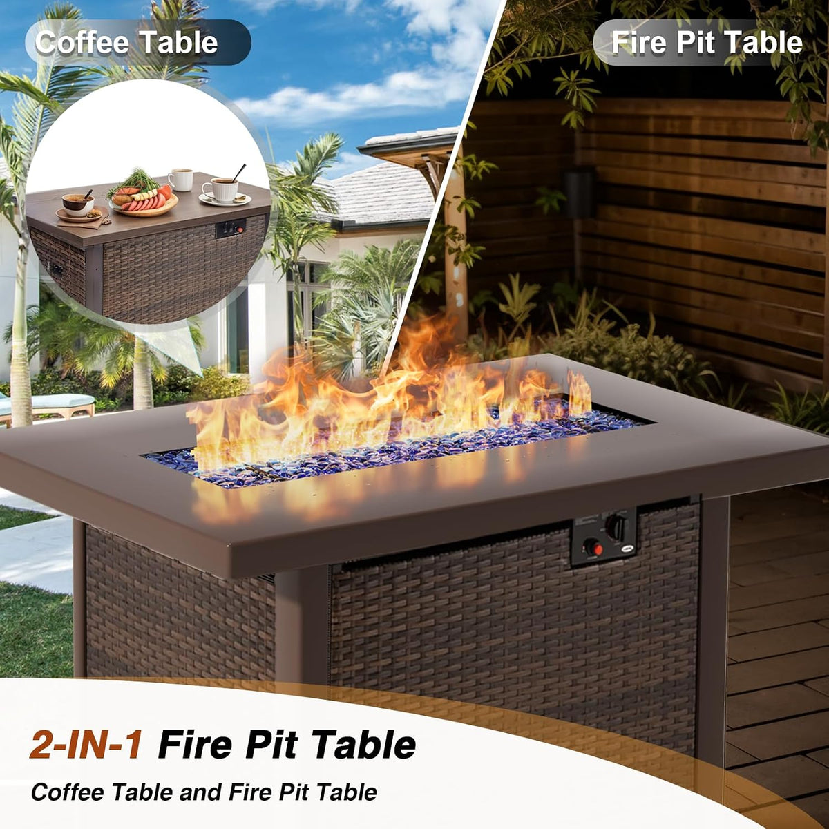 8 Pieces Patio Furniture Sets Outdoor Sectional Sofa with 44'' Propane Rattan Wicker Firepit Table, Patio Sectional Conversation Set with Cushions for Backyard, Poolside, Garden Grey