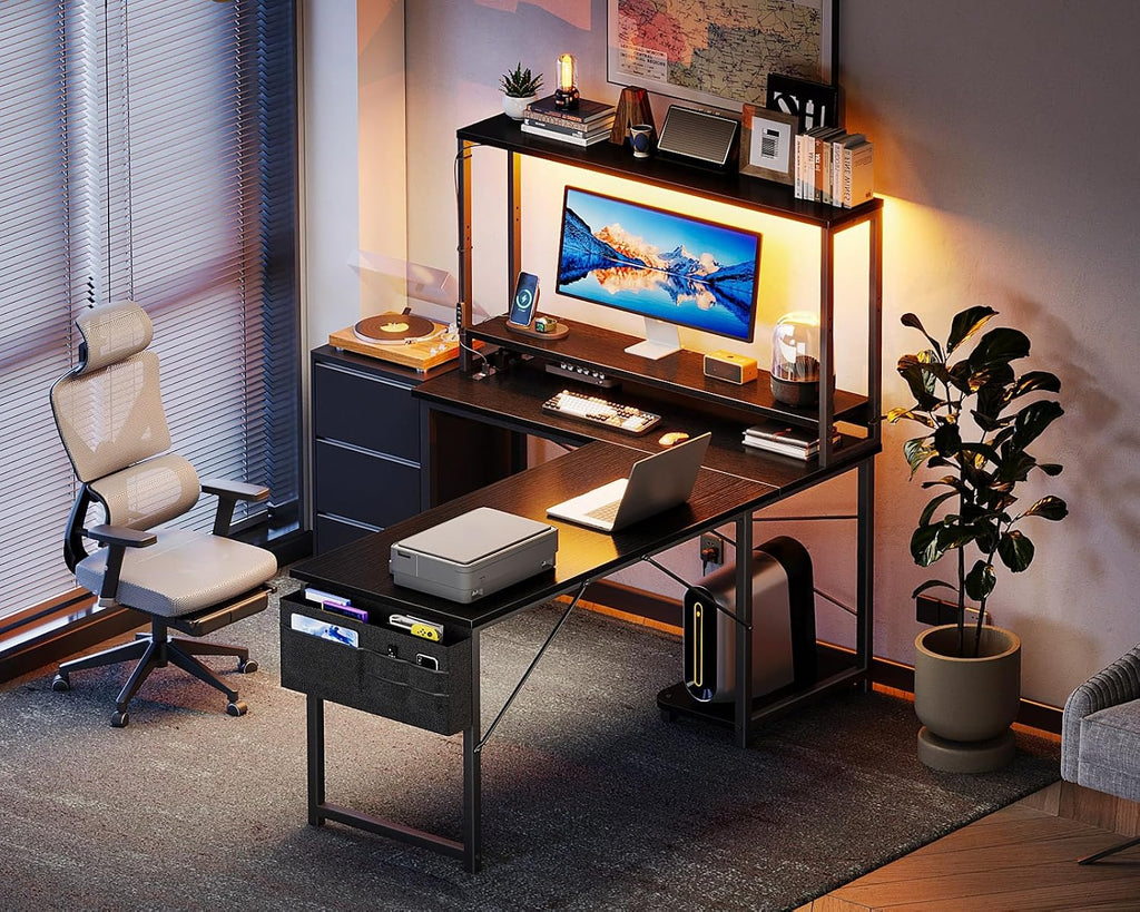 AODK L Shaped Desk Gaming Desk with LED Light & Power Outlet, 53 Inch Reversible L Shaped Computer Table with Shelf & Storage Bag & Hook for Home Office, Black