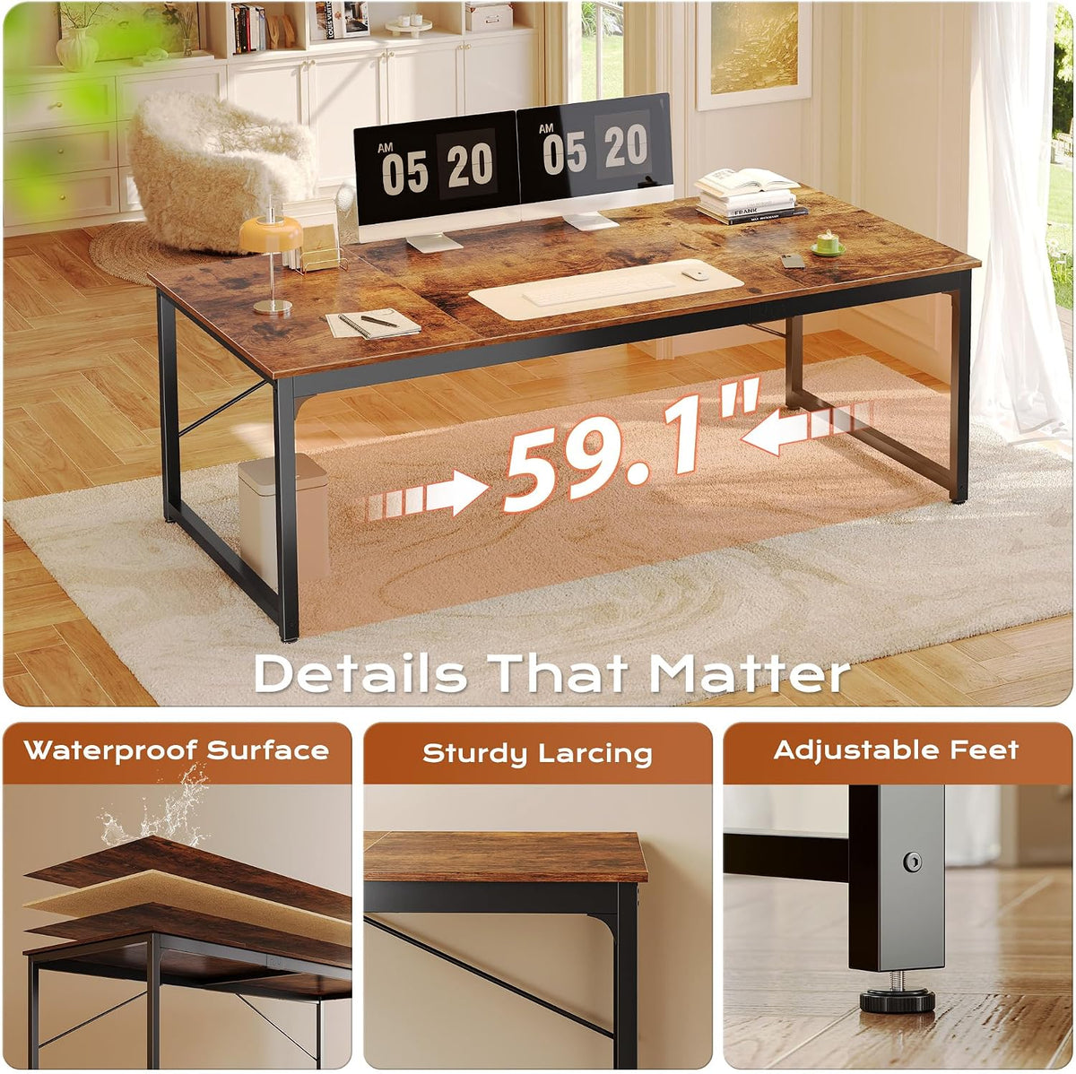 PRAISUN 63 X 29.5 Inch Computer Desk with Deeper Desktop, Gaming Office Writing Work Desk for Home Office, Study, Bedroom, Work from Home, Metal Frame, Rustic Brown