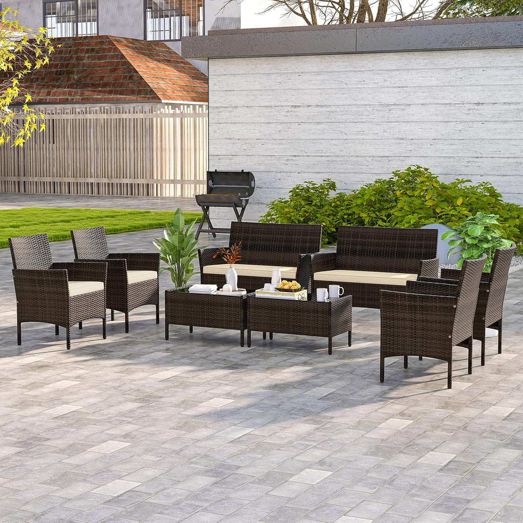 HAPPYGRILL 8 Pieces Outdoor Rattan Conversation Set, Patio Wicker Furniture Set with Loveseat Chairs & Tempered Glass Coffee Table, Outside Sectional Sofa Set for Backyard, Garden & Poolside