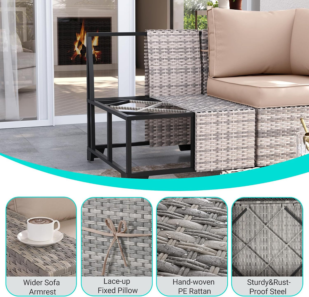 11-Piece Outdoor Patio Furniture Set with Rocking Swivel Chair Wicker Sectional Sofa Set, Patio Conversation Set with Ottomans & Coffee Table for Garden, Backyard, Poolside, Beige