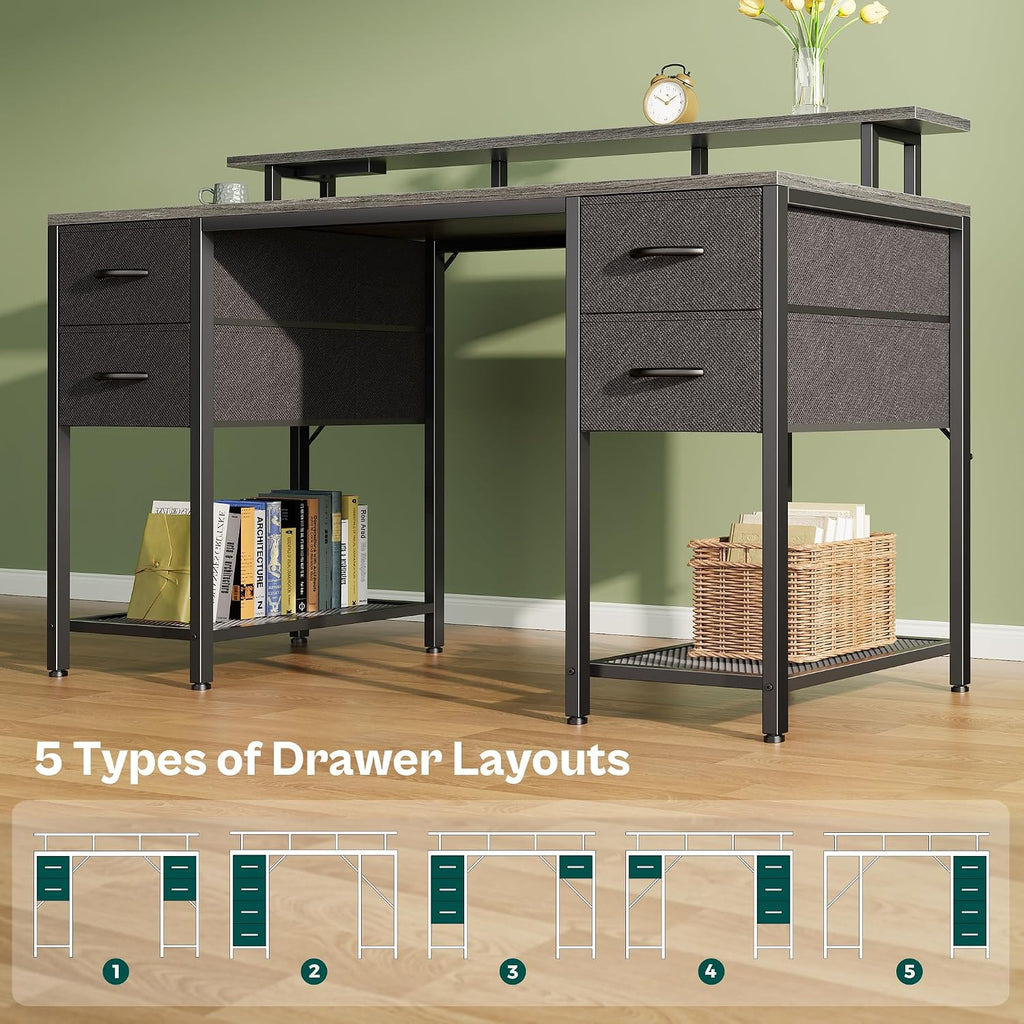 Huuger 55 inch Computer Desk with 4 Drawers, Gaming Desk with LED Lights & Power Outlets, Home Office Desk with Large Storage Space for Bedroom, Work from Home, Gray