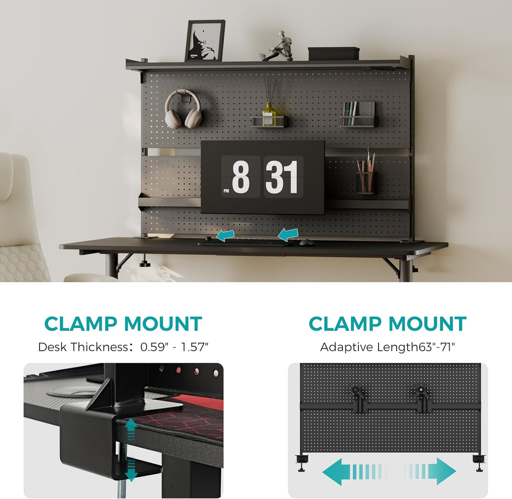 EUREKA ERGONOMIC Desk Pegboard with Dual Monitor Stands, LED Metal Pegboard for Gaming Desk, Privacy Panel with 4 Accessories Modular Hanging, Computer Accessories for Office, 59 x 34 Inch, Black
