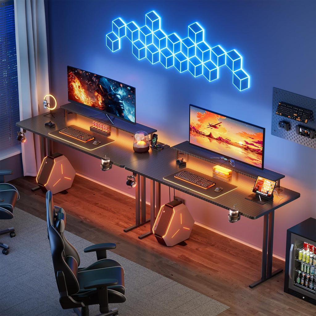 HLDIRECT 63 Inch Gaming Desk with 5 Sockets & LED Lights, Computer Gamer Desk with Monitor Stand, Ergonomic Carbon Fiber Gaming Table Home Office Desk with Cup Holder, Headphone Hook & Mouse Pad