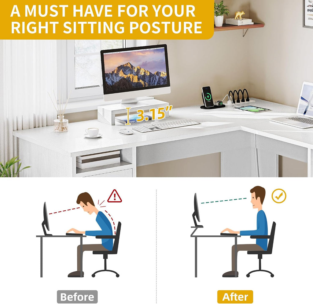 DWVO L Shaped Desk with File Drawer, 60' Corner Computer Desk with Power Outlets, Home Office Desk with Monitor Stand & Storage Shelves & File Cabinet, White