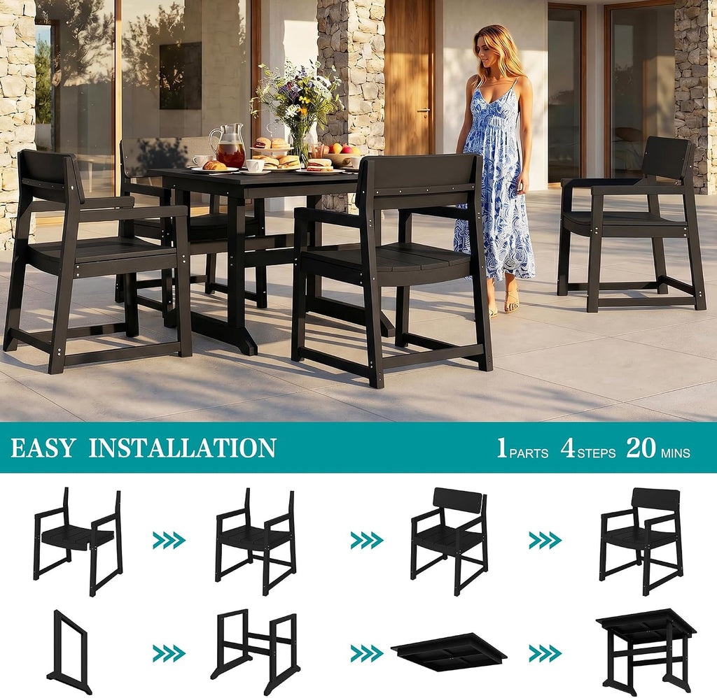 Vongrasig 5 Pieces Patio Dining Set, All Weather Outdoor HDPE Dining Furniture Set with Table and Chairs for 4, Garden Patio Furniture Set for Lawn, Backyard, Poolside, Black