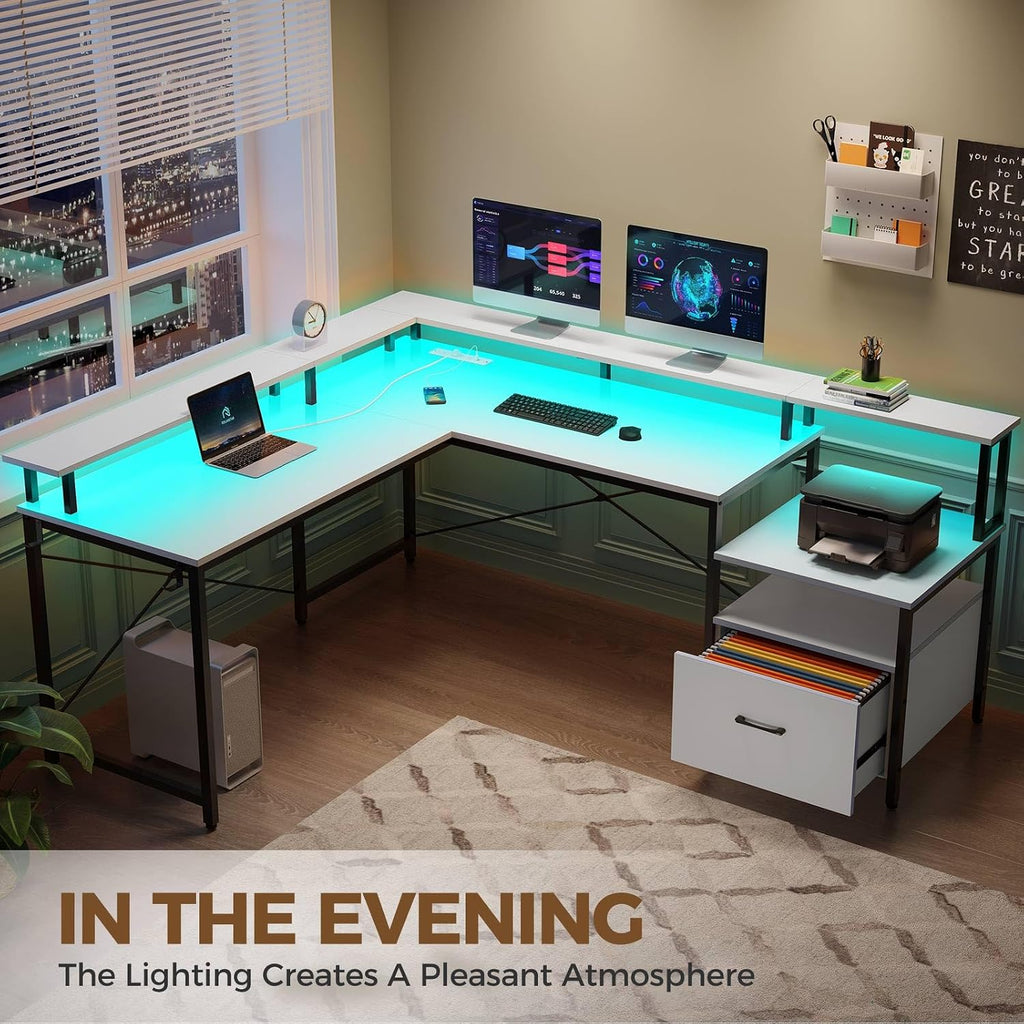 Rolanstar Computer Desk with File Drawer, 64' L Shaped Desk with Power Outlet & LED Strip, L Shaped Computer Corner Desk with File Cabinet, Gaming Desk with Monitor Shelf, Home Office Desk, White