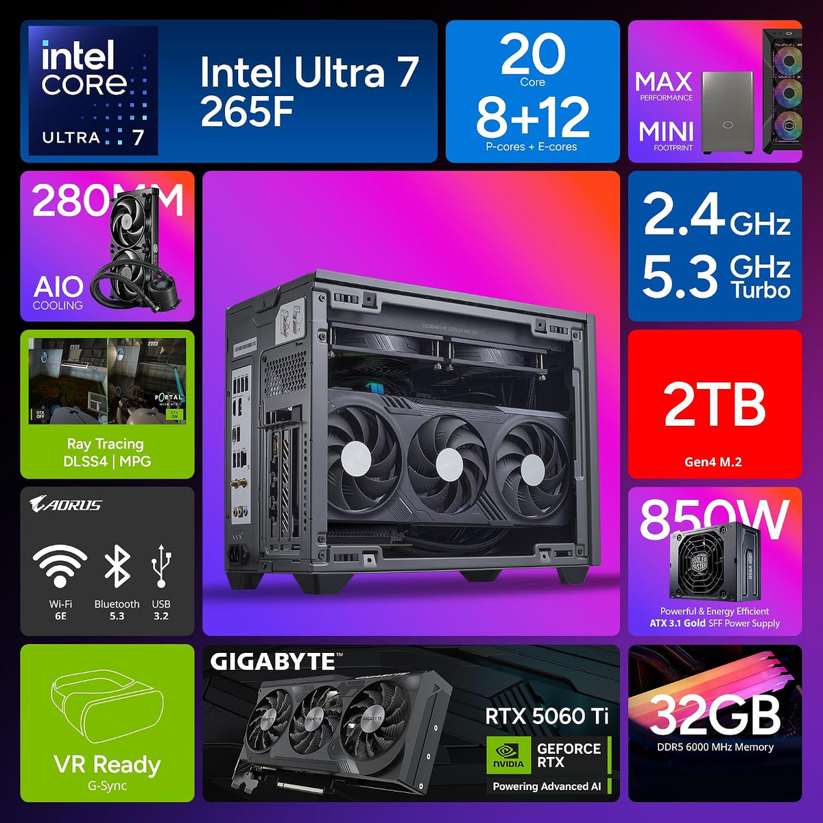 Cooler Master NR2 Pro Gaming PC – Intel Ultra 7 265F, NVIDIA GeForce RTX 5060 Ti 16GB, 32GB DDR5 6000MHz, 2TB Gen4 M.2, Windows 11, V850 SFX Gold PSU, Compact Mini ITX Desktop PC