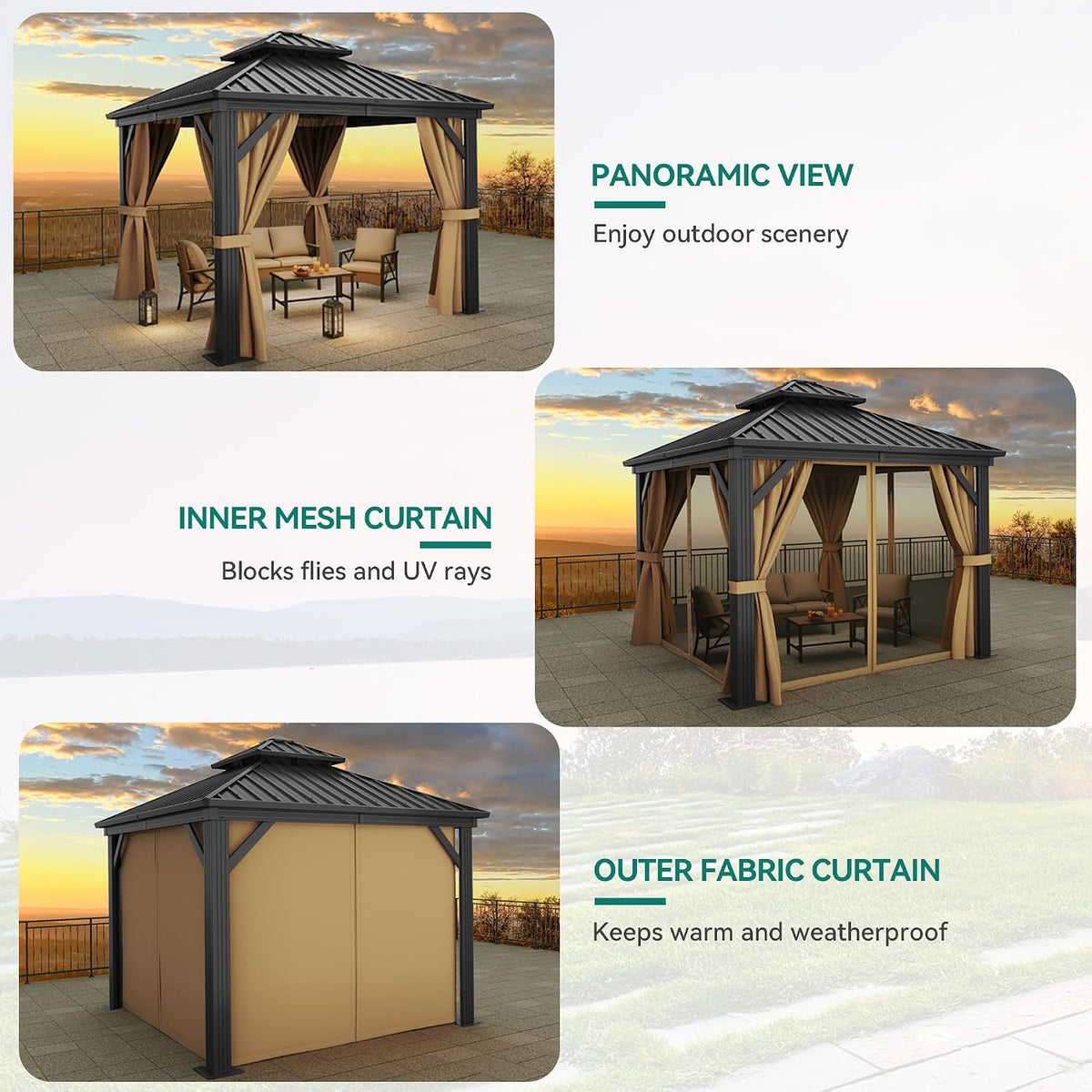 YITAHOME 10x10ft Gazebo Hardtop Double Roof Canopy w/Netting and Curtains, Outdoor Gazebo 2-Tier Hardtop Galvanized Aluminum Frame Garden Tent for Patio, Backyard, Deck and Lawns, Brown