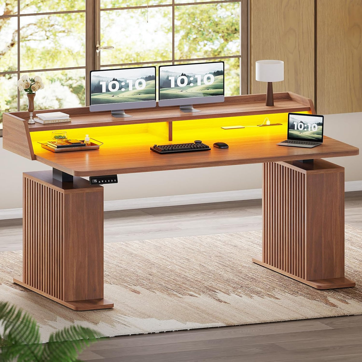 SEDETA Standing Desk with Storage, 55' Fluted Stand Up Desk with Power Outlets and LED Lights, Height-Adjustable Table with Monitor Shelf for Home Office & Gaming, Brown
