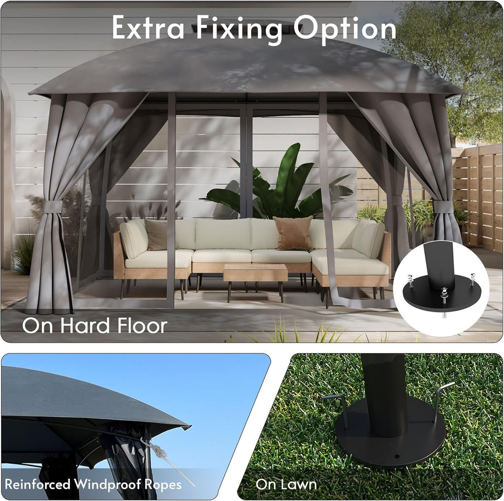 Gazebo 10x12 (Canopy Size) with LED Light & Mosquito Netting & Privacy Screens. Double Roof Design Outdoor Gazebo with Trapezoidal Support System for Patio, Deck, Backyard, Garden & Lawns