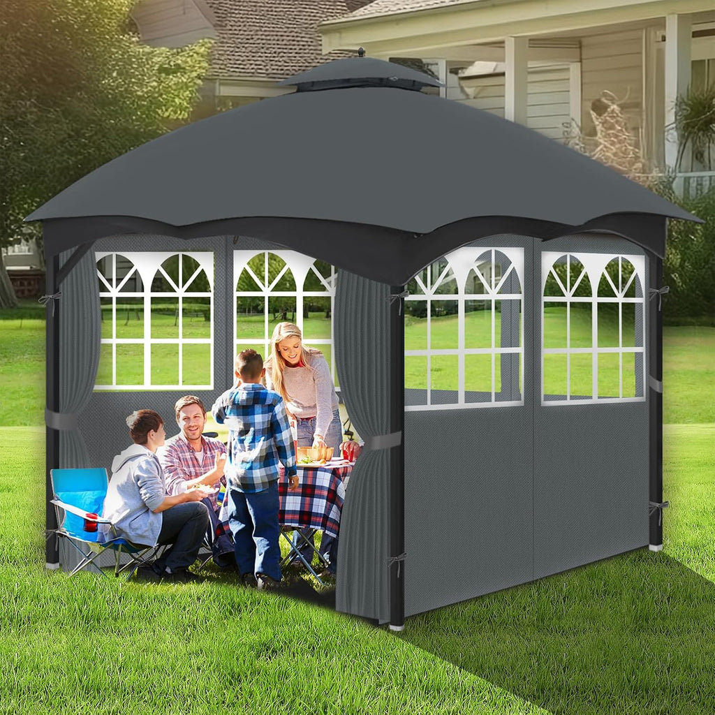 10'x12' Gazebo Curtains Outdoor Waterproof with PVC Windows, 4-Panel Sidewalls Universal Replacement Privacy Curtain, Outdoor Curtains for Patio, Backyard (Grey)