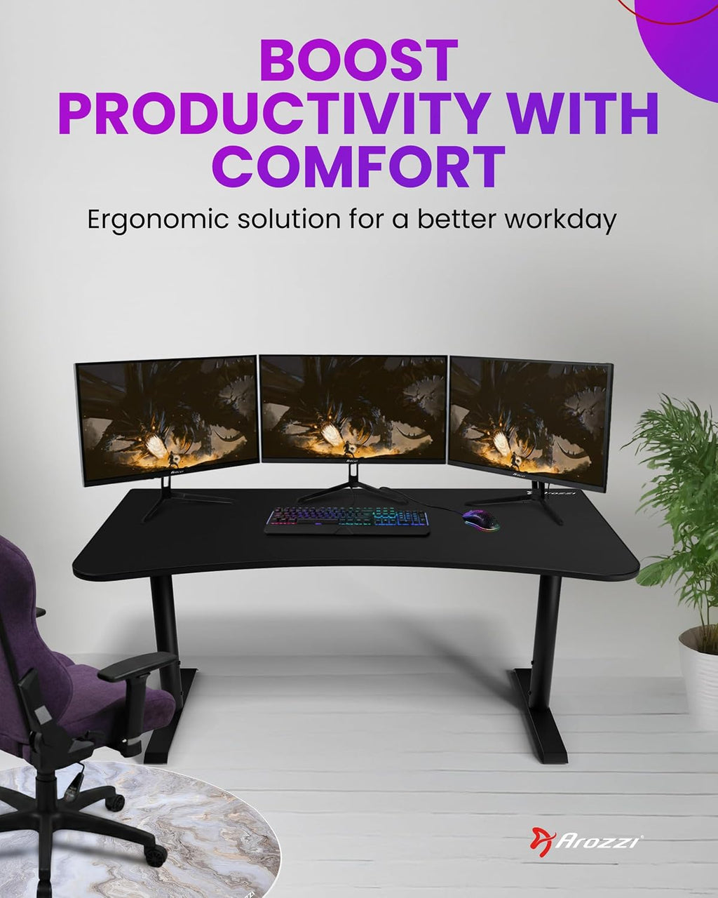 Arozzi Arena Large Gamer Desk - 63x32' Adjustable Height PC Gaming Desk With Storage For Cables & Triple-Monitor Support - Full-Surface Washable Mousepad - Pure Black