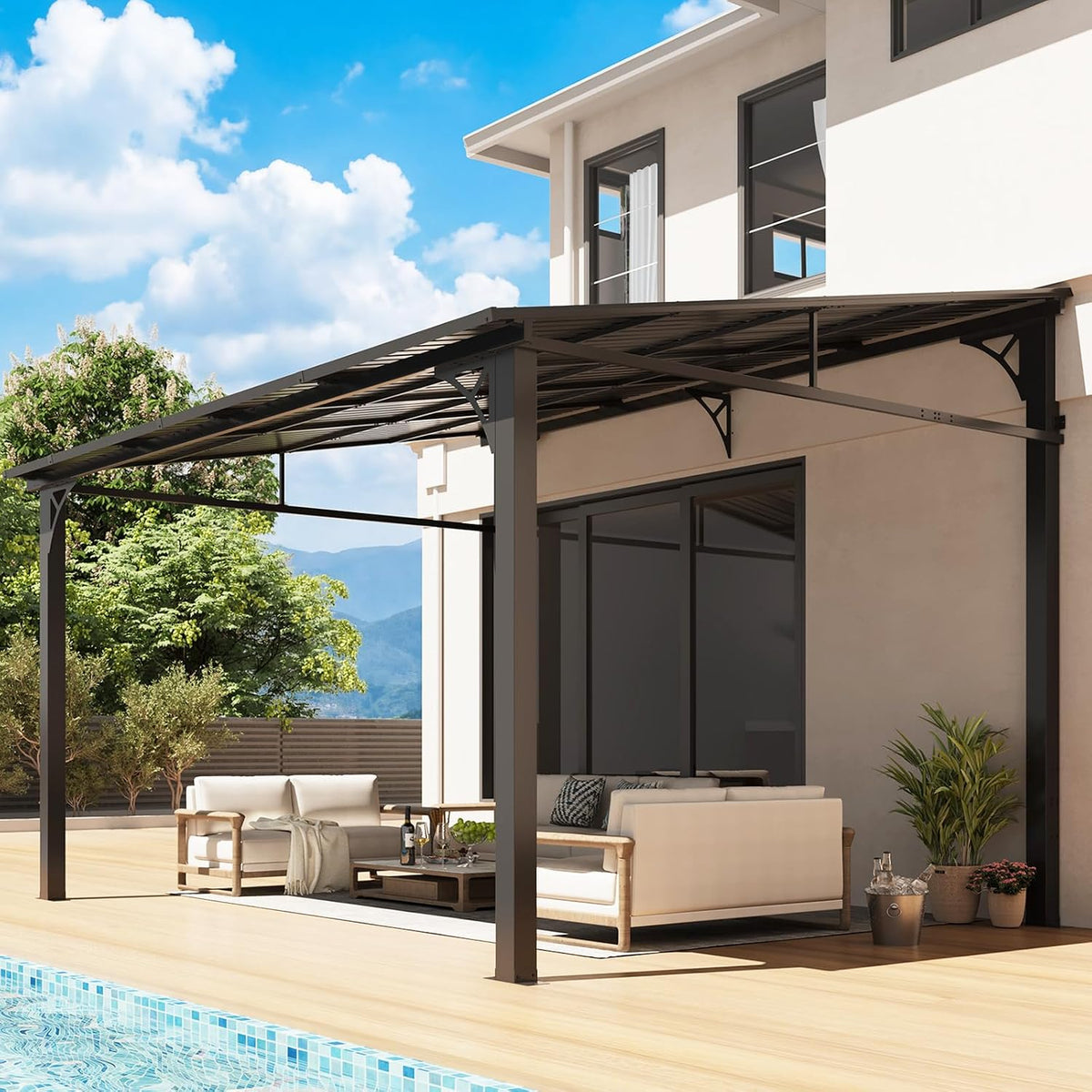 Aoxun 10' x 12' Lean to Gazebo, Hardtop Outdoor Pergola with Sloping Galvanized Steel Roof, Large Wall-Mounted Heavy Duty Awnings for Patio, Backyard, Deck, Porch (Black)