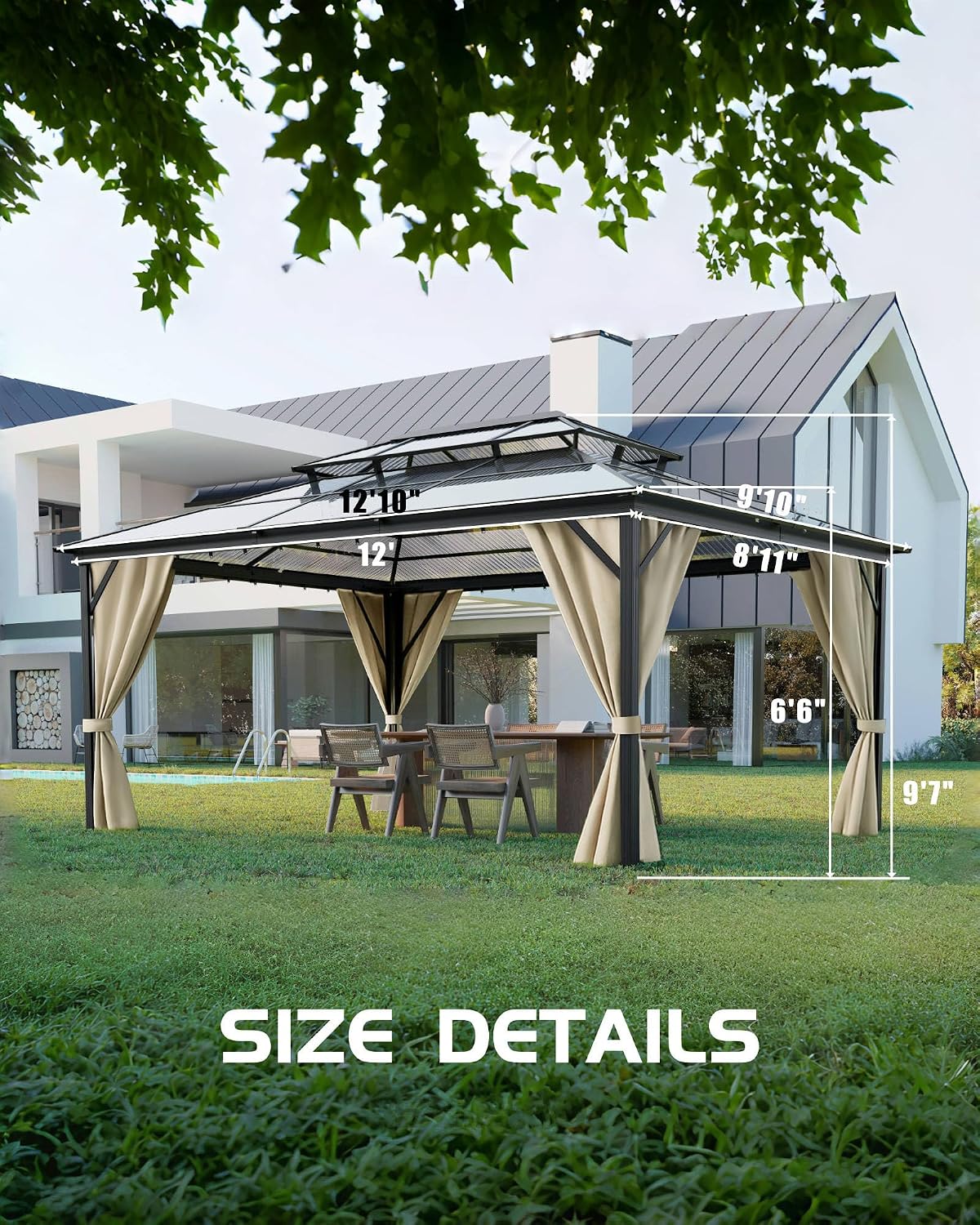 GarveeLife Hardtop Gazebo 10 ft x13 ft for All Weather, Double Polycarbonate Sheets Roof, Aluminum Alloy Frame, Net, and Curtain, Permanent Building for Patio, Deck, Backyard, Lawn, and Garden
