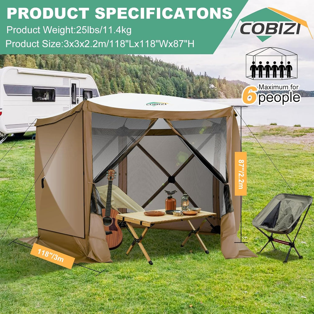 COBIZI 10x10 FT Pop up Gazebo, Popup Canopy Tent,Screened in Gazebos with sidewalls,Waterproof Portable Outdoor Small Screen Tents Sun Shelter,carpas para Patio for Camping,Garden,Backyard,Brown