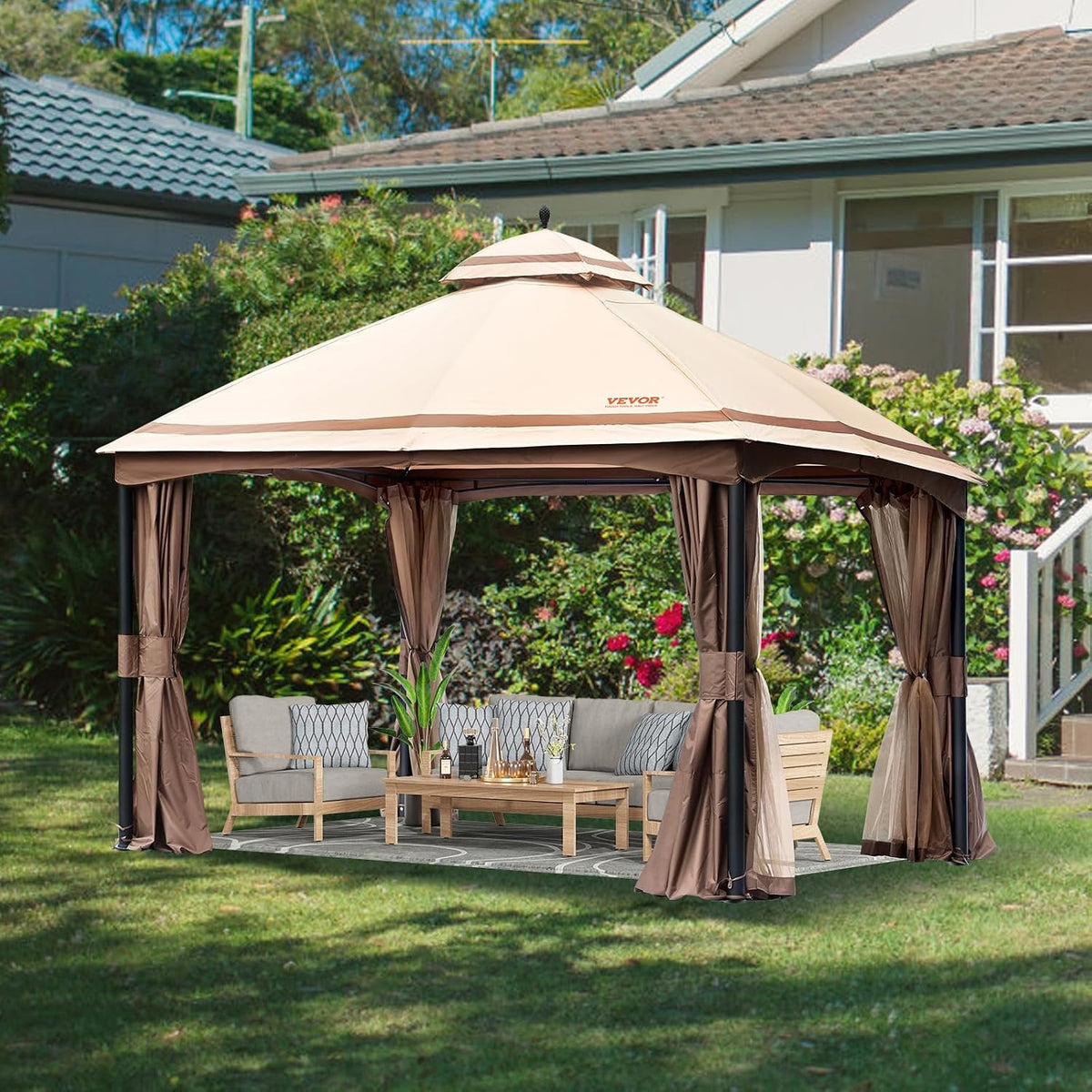 VEVOR Patio Gazebo for 10-12 Person, 10 x 13 FT Backyard Gazebo, with Mosquito Netting, Metal Frame, and PU Coated 180G Polyester, Outdoor Canopy Shelter for Patio, Backyard, Lawn, Garden, Deck