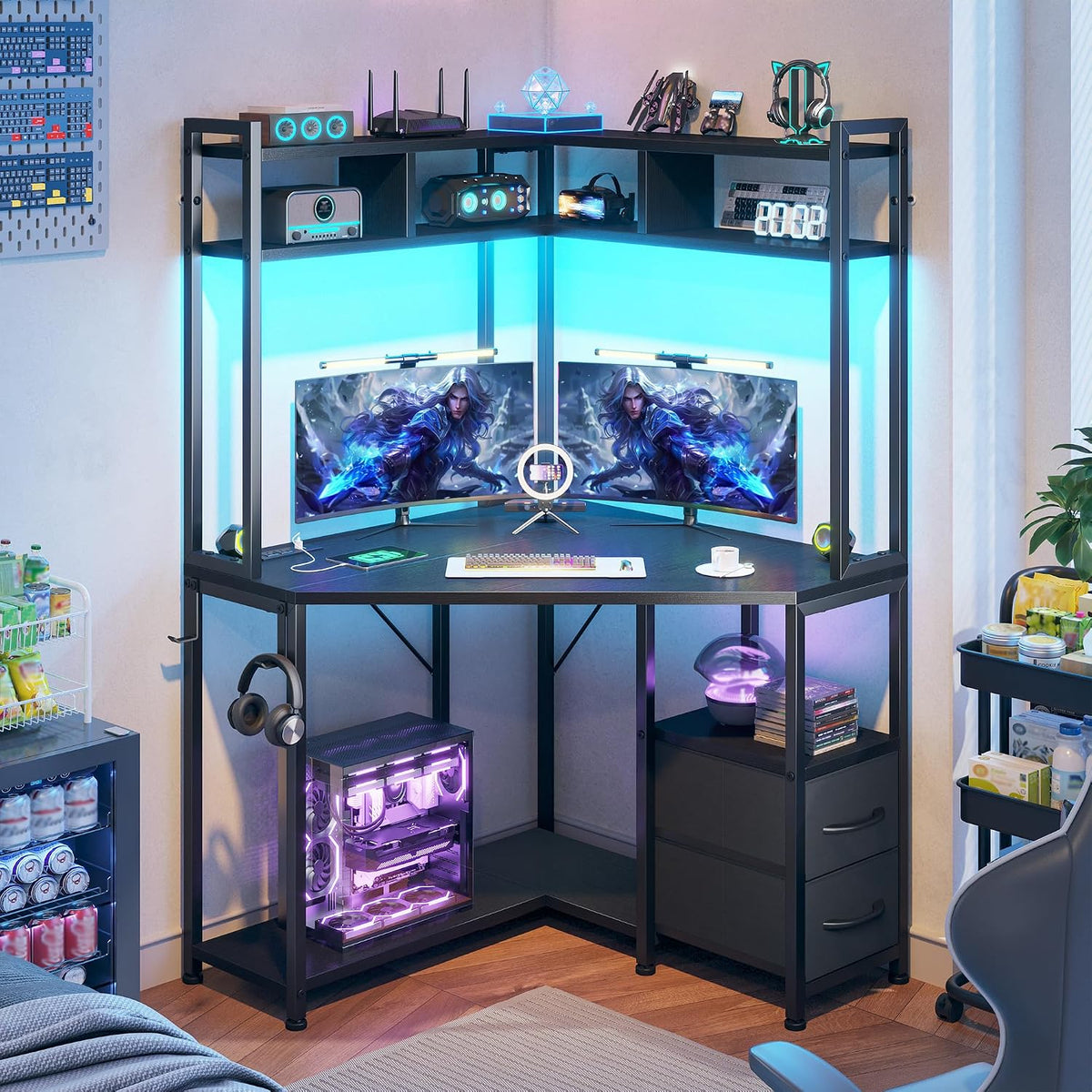 DurayLoly Corner Desk, 35.4' W x 63' H Small Gaming Desk and Black Office Desk with Hutch & LED Lights, Computer Desk with Drawers for Storage & Shelves and Hook for Small Space, Black