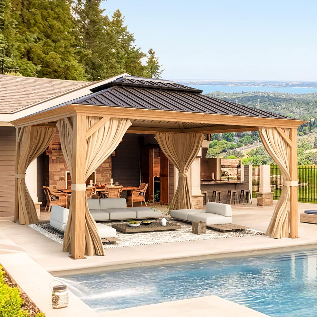 YOLENY 10'x12' Hardtop Gazebo, Wooden Finish Coated Aluminum Frame Canopy with Galvanized Steel Roof, Outdoor Metal Gazebos with Curtains and Nettings for Patio, Backyard, Deck and Lawns
